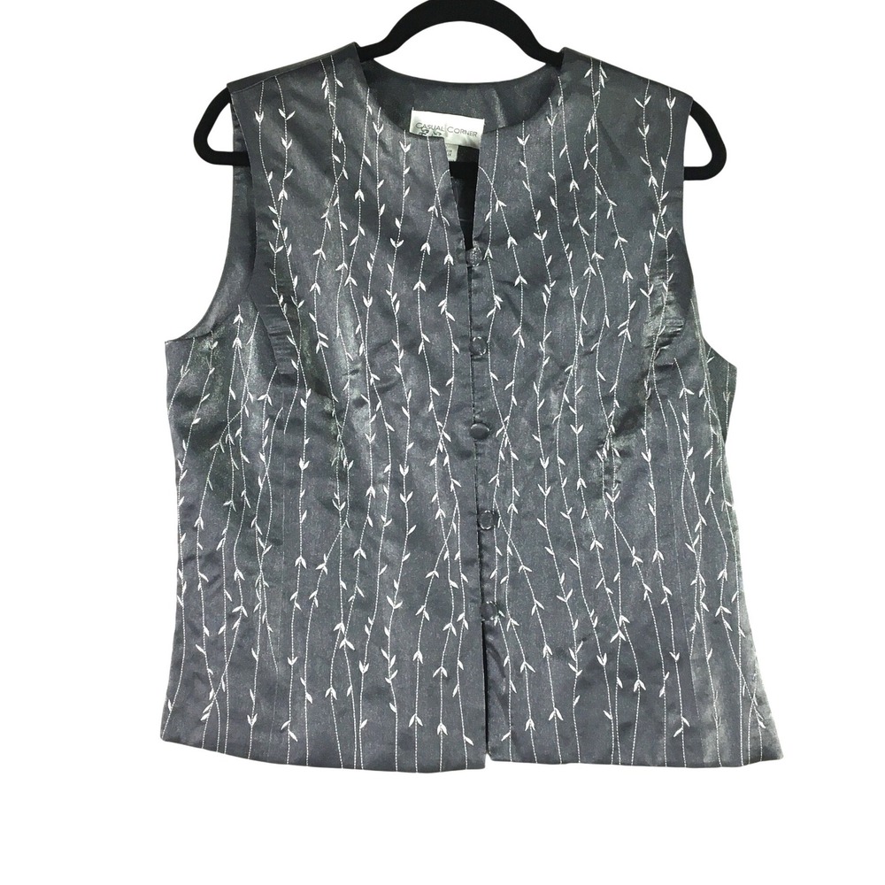Casual Corner Embroidered Metallic Button Front Vest 16 Charcoal Gray NWOT